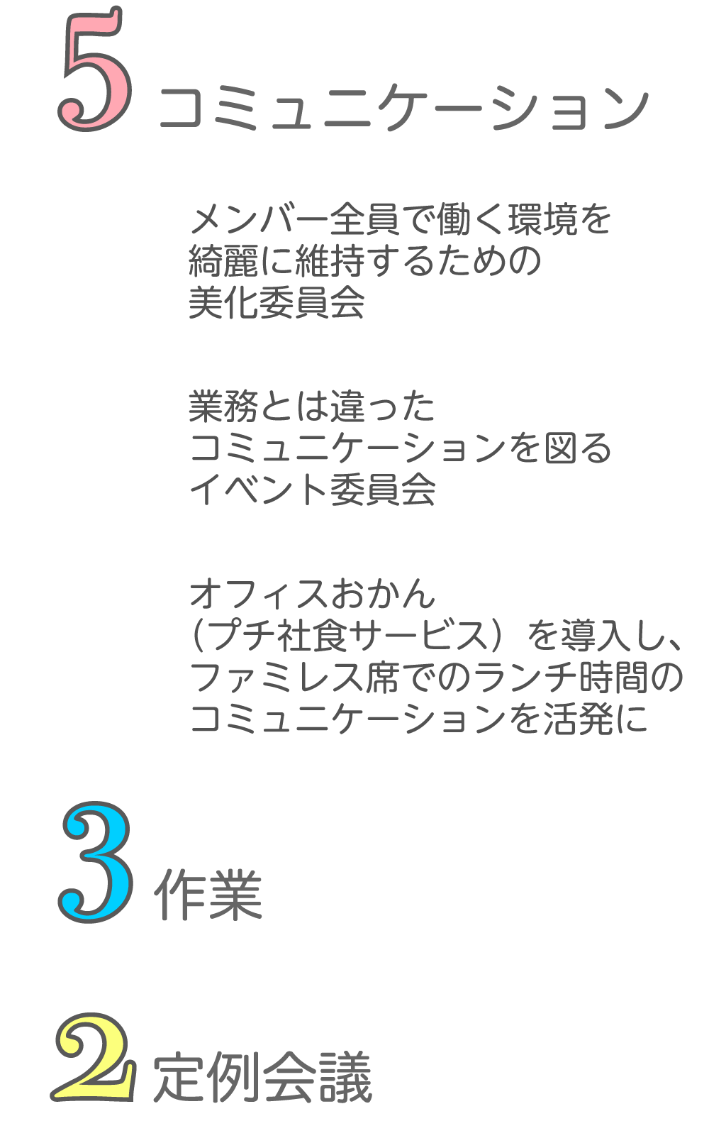 メンバー全員で働く環境を綺麗に維持するための美化委員会、業務とは違ったコミュニケーションを図るイベント委員会、オフィスおかん(プチ社食サービス)を導入し、ファミレス席でのランチ時間のコミュニケーションを活発に